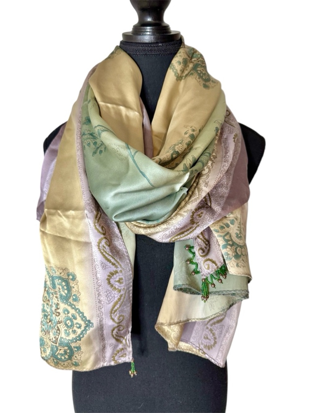 VICTORIA’S SECRET Vintage 100% Silk Scarf Shawl Wrap Pastel Paisley Beads Floral